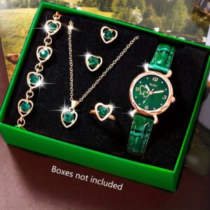 Relógio Feminino de Quartzo Estilo Casual com Mostrador em Formato de Pêssego e Conjunto de Joias para Mulheres (Colar, Brincos, Pulseira e Anéis) – Presente Ideal para Festas, Feriados ou Aniversário, 1 Peça + 5 Colares Coração – Melhor Escolha para Irmãs ou Amigas do Oriente Médio