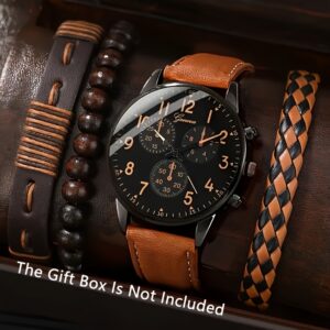 Conjunto de 4 Relógios de Quartzo Masculinos com Pulseira de Couro Ecológico Marrom & Pulseiras Simples – Mostrador de Data, Não à Prova d’Água, Caixa de Liga de Zinco – Presente Ideal para Dia dos Namorados, Páscoa, Eid Al-Adha, Acessórios para Relógios