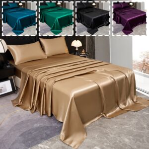 Conjunto de lençol de cama de luxo em cetim [3 peças], 100% poliéster, suave e respirável, lavável na máquina, roupa de cama tecida sem pilhas, com 1 lençol plano e 2 fronhas (sem núcleo), para a coleção essencial de quarto.