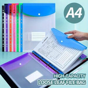 Conjunto de 6 Bolsas de Arquivo A4 de Alta Capacidade com Argolas de Encadernação de 11 Furos, Material PP Moderno, Botão Expansível e Bolsos para Etiquetas, Adequado para Escola, Casa, Escritório, Trabalho, Viagem – Design Portátil