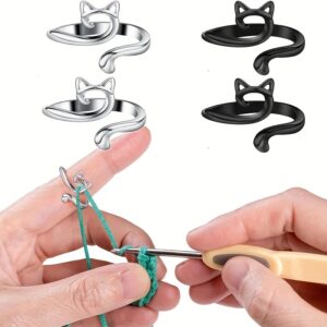 2pcs Anéis de Crochê Ajustáveis – Suporte de Dedo Guia de Fio para Tricô Mais Rápido, Prateado/Preto, Crochê de Fio