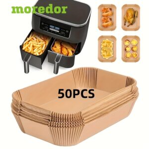 Forros de papel descartáveis para fritadeiras Air Fryer, Descartes de papel descartáveis Retângulo, papel vegetal antiaderente para Ninja Dual Air Fryer, acessórios para Airfryer, acessórios para cozinha à prova de óleo e à prova d’água, Suprimentos para assar 50/100/150/200 unidades