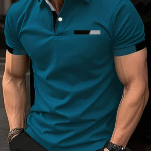 Camiseta polo masculina casual de manga curta – Cinza claro com design geométrico preto e branco, gola de lapela confortável, fecho de botão na frente e bolso no peito.
