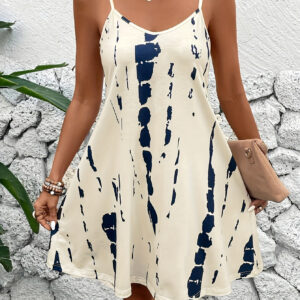 Vestido casual de tecido de malha impressa vermelha para mulheres com alças finas
