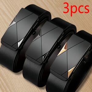 Conjunto de 2/3 Cintos Masculinos Casuais Pretos com Fivela Automática – Estilo Empresarial na Moda, Presente Ideal para Marido ou Namorado, Tecido PU Adequado para Jeans e Roupa de Escritório