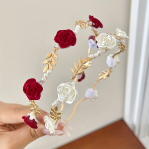 Tiara de cabelo com pérolas falsas e rosas, acessório de princesa para festas de aniversário e feriados, ideal para presentear noivas, mulheres e meninas.