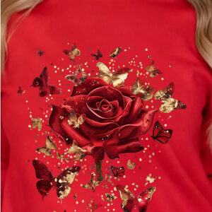 Camiseta Feminina [Estilo Casual] com Estampa Floral e Borboleta, 100% Poliéster, Gola Redonda, Manga Curta, Top Casual, Tecido de Malha para Todas as Estações com Estampa de Rosa e Borboleta, Vestuário para Todas as Estações|Vestuário Casual Vibrante|Camisa com Acabamento Brilhante, Camisa de Borboleta