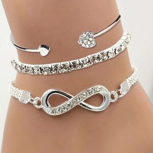 Conjunto de 3 Pulseiras Abertas com Design de Nicho e Símbolo do Infinito com Strass
