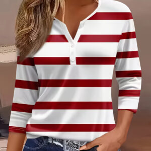 T-shirt casual de manga três quartos com estampa listrada em toda a peça, decote em V, tecido de poliéster de malha, comprimento regular – Top de moda para primavera/verão/outono