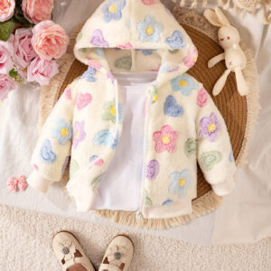 Casaco com capuz floral para bebês meninas – 100% poliéster, manga comprida, com fecho de correr, tecido de malha macio e confortável, ajuste regular para brincar ao ar livre no outono/inverno, compatível com esqui, espesso