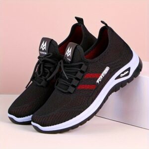 Sneakers de Corrida Leves e Respiráveis para Mulheres – Tênis Casuais com Fecho de Cadarço, Sola Dupla em PVC para Conforto e Usabilidade, Design Listrado Preto e Vermelho, Perfeitos para Atividades ao Ar Livre, Caminhadas e Deslocamentos Diários, Tênis de Verão para Corrida | Tênis Listrados Estilosos | Parte Superior Tecida Respirável