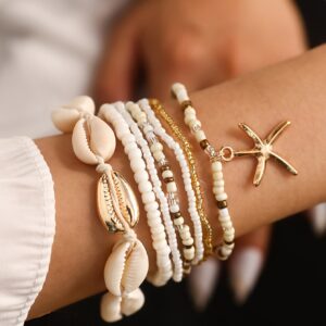 Conjunto de 7 Pulseiras Boho-Chic com Contas, Conchas e Pingentes de Estrela-do-Mar – Perfeito para o Traje Casual Feminino e Férias de Verão na Praia
