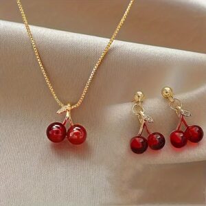 Conjunto de 3 peças: Colar e Brincos com Pingente de Cereja Vermelha, Elegantes e Luxuosos para Uso Diário Personalizado de Meninas, Acessórios de Festa e Presentes