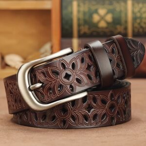 Cinto Feminino Vintage Vazado, Estiloso com Fivela de Agulha e Estampa de Couro de Vaca, Acessório Versátil para o Fim de Semana Casual