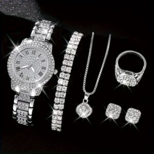 6pcs Novo Relógio de Quartzo Estiloso e Elegante Redondo para Senhoras + Conjunto de Joias Simples com Rhinestones Dia dos Namorados Páscoa Ramadão Aniversário de Natal, Envie Presentes para Amigos e Família Eid Al-Adha