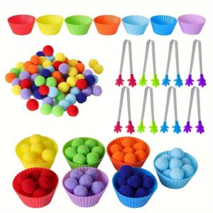 1 Conjunto de Brinquedos de Classificação de Cores com Bola de Pelúcia para Crianças, Treinamento de Habilidades Motoras Finas, Brinquedos de Aprendizagem de Contagem, Presente