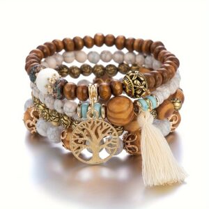 Conjunto de 4 Pulseiras com Charme da Árvore da Vida Bohemian Exclusivo – Contas de Madeira Feitas à Mão, Corrente Ajustável, Joalheria de Mão, Ideia de Presente Única, Acessório de Moda Inspirado na Natureza