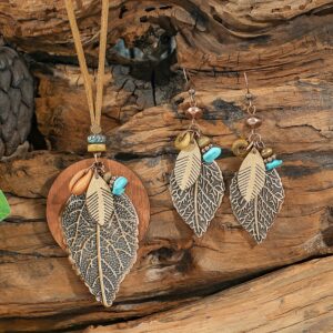 3pcs Conjunto de Joias Femininas Estilo Bohemiano, Colar em Forma de Folha de Ferro e Brincos, Cordão de Madeira e Couro PU, para Uso Diário e Viagem