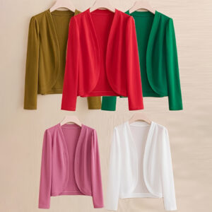 Cardigan de Malha Elegante para Mulheres em Cor Sólida – Chic Manga Longa, Xale Aberto na Frente em Poliéster Respirável – Versátil e à Prova de Vento para Proteção Solar, Disponível em Amarelo Mostarda, Vermelho, Verde, Rosa, Branco