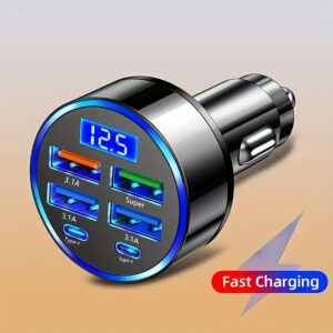 Carregador de carro 6 em 1 com carga rápida QC3.0, PD e tela digital – adaptador para veículo