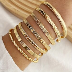 Conjunto de 7 Peças de Pulseiras Abertas de Metal Luxuosas com Estrela de Seis Pontas
