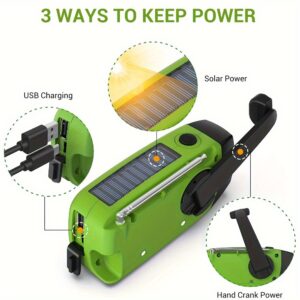 Rádio de emergência portátil com Power Bank, bateria de lítio de 2000mAh, banda de tempo AM/FM/NOAA, mola manual e carregamento solar, recarregável por USB, lanterna LED de 3, para acampamento ao ar livre