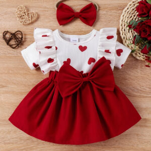 2 Peças Vestido Infantil com Laço de Renda e Estampa Romântica em Coração para o Verão