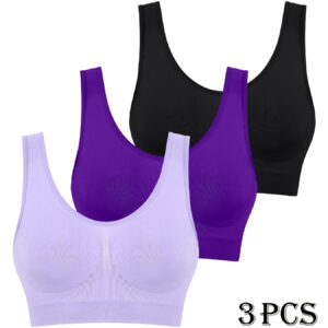 3 peças de Sutiãs Esportivos Sem Costura para Mulheres – Leves e Respiráveis com Malha, Alta Elasticidade para Ginástica, Ioga e Corrida, Preto & Lavanda, Série Elegante, Roupa Íntima Resistente ao Impacto | Tecido de Alta Elasticidade