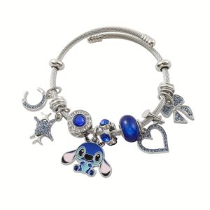 [Prestígio Diário] Pulseira Charm Stitch com Contas Azuis – Pulseira Ajustável de Liga de Zinco com Pingente da Sorte, Estrela-do-Mar e Acentos de Coração – Presente Perfeito para Namoradas, Amigas, Aniversários e Feriados, Acessórios