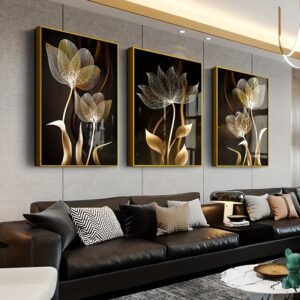 Conjunto de 3 peças, Pintura em Tela de Arte de Parede com Flores Pretas e Douradas para Decoração de Sala de Estar – Design Abstrato Moderno, Sem Moldura Necessária