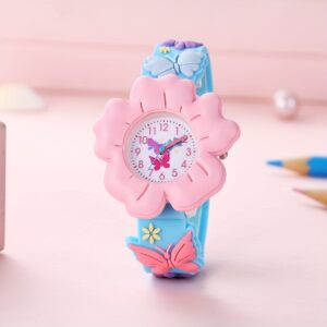 Relógio de Desenho Animado de Flores e Borboletas 3D para Meninas Adoráveis – PVC Macio, Pulseira de Silicone Amigável à Pele, Movimento de Quartzo, Não à Prova d’Água, Azul