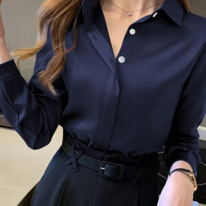 Blusa Elegante de Manga Longa Azul Marinho para Mulheres – Roupa de Trabalho Profissional, Poliéster Semi-Transparente, Detalhe de Botão, Perfeita para Primavera/Outono