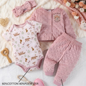 Conjunto Casual de Quatro Peças para Meninas Outono/Inverno – Estampa Fofa de Urso de Desenho Animado e Animais da Floresta, Top de Manga Longa com Gola Careca, Calça de Veludo Aconchegante com Faixa de Cabelo Combinando, Mistura de Algodão e Poliéster, Para Uso Externo