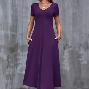 Vestido Elegante Feminino Verde com Decote em V e Manga Curta A-Line com Bolsos – Mistura de Poliéster Casual, Lavável à Máquina, Perfeito para Todas as Estações, Moda Confortável|Vestido com Decote em V|Textura Brilhante