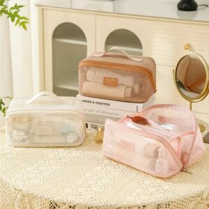 1pc Bolsa de Toiletries de Poliéster, Malha Respirável com Múltiplos Compartimentos, Organizador de Cosméticos Leve, Estilo Minimalista, com Fechamento de Zíper, Alça Única no Topo, Detalhes Ocos, Lavar à Mão, para Armazenamento Multi-Funcional Essencial para Mulheres