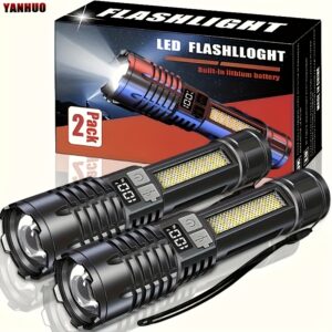 2 Lanternas Ultrabrilhantes Recarregáveis com LED, Lanterna Portátil Retrátil para Acampamento ao Ar Livre, Pesca, Caça, Caminhadas e Emergências de Aventura com Bateria Embutida