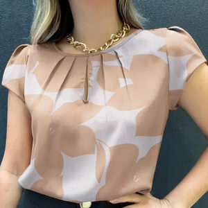 1pc Camisa Casual Elegante Feminina com Estampa Floral de Manga Curta, Poliéster 100% Gola Redonda Solta Top de Verão com Detalhe de Busto Franzido