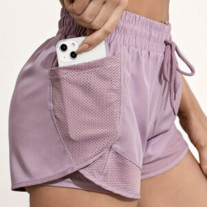 Shorts de Yoga 2 em 1 para Mulheres com Tecido de Secagem Rápida e Bolsos de Malha para Fitness Casual e Treinos na Academia