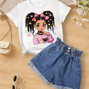 Camiseta de Manga Curta para Meninas [Encanto Brincalhão] com Estampa de Retrato de Desenho Animado – Top Casual de Verão Macio e Confortável para Jovens, Camiseta Branca com Gola Redonda e Design Gráfico Estiloso, Perfeita para Primavera/Verão/Outono, Camisas para Meninas