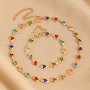 Conjunto de joias de 2 peças com inspiração vintage para mulheres – Colar e pulseira de liga de zinco com elos de coração, multicolorido de luxo, sem banho – Acessório versátil para uso diário e presentear