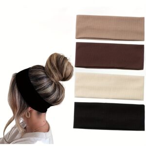 Pacote de 4 Bandanas Elásticas Largas, Cores Variadas, Turbantes Estilo de Cabeça para Mulheres, Sweatbands Fashionáveis para Treino e Yoga, Tecido de Malha Confortável, Acessório para Todas as Estações