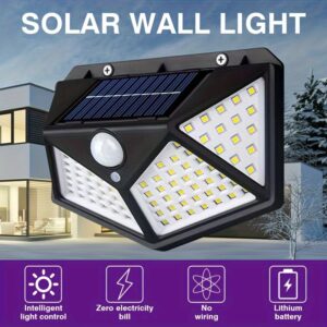 Nova luz de parede com sensor de 100 LEDs, sensor de luz inteligente, carregamento solar, ajuste automático de brilho, luz solar à prova d’água para exterior, luz de parede com sensor humano luminoso em quatro lados