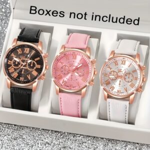 3pcs Relógio Romano Fashion e Simples, Relógio de Quartzo Redondo com Pulseira de Couro PU, Escolha Ideal para Presentes