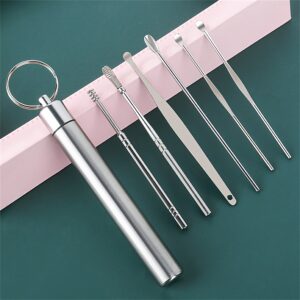 Colher de tambor, ferramentas de limpeza de ouvido, conjunto de colheres de ouvido em aço inoxidável, colher de ouvido portátil com chaveiro, 6 conjuntos