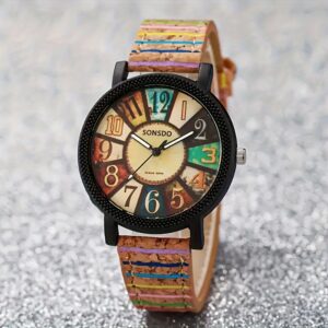 Relógio de Pulso Feminino de Quartzo em Madeira, Caixa de Liga Fashion e Pulseira de Couro Sintético, com Bateria Botão Não Recarregável, Presente Ideal para Namorada ou Melhor Amiga