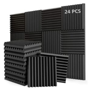 Conjunto de 24 Painéis Isolantes Sonoros em Espuma Preta, 30.48cm x 30.48cm x 2.54cm Cunhas Acústicas de Alta Densidade e Retardante à Chama para Redução de Ruído, Recuperação Rápida, Ideais para Escritório Doméstico, Estúdio, Sala de Conferências e Teatro