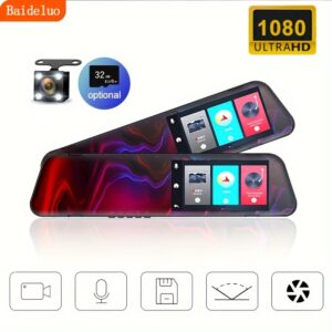 Gravador de condução Baideluo de alta definição, frontal 1080P e traseira 480P, tela grande de 4.3 polegadas com 2 câmeras frontal e traseira, universal para carros e caminhões com visão noturna de ângulo amplo de 120°, fácil de instalar com alça para espelho