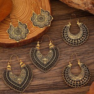 3 Pares de Brincos Vintage Boho em Liga de Zinco, Design Floral e Geométrico Vazado, Brincos de Pendurar Boho Chic da Moda para Mulheres, Acessório de Uso Diário, Compatível com Todas as Estações