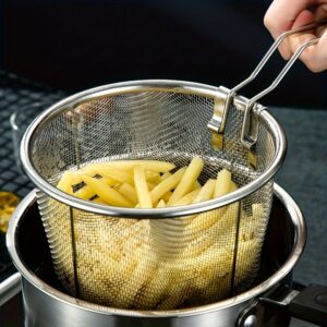 1pc Cesto de Fritadeira de Aço Inoxidável com Cabo, Peneira de Panela Profunda para Fritar, Escorrer e Cozinhar – Utensílio de Cozinha Durável e Seguro para Alimentos para Batatas Fritas, Massas, Legumes e Lanches – Sem Carga