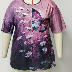 Camiseta boho plus size, camiseta de mangas curtas com estampa tribal para mulheres, decote redondo e média elasticidade